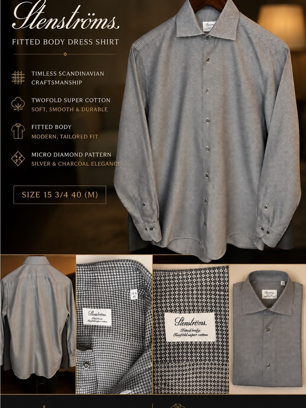 Stenströms Silver-Charcoal Micro Diamond Fitted Dress Shirt